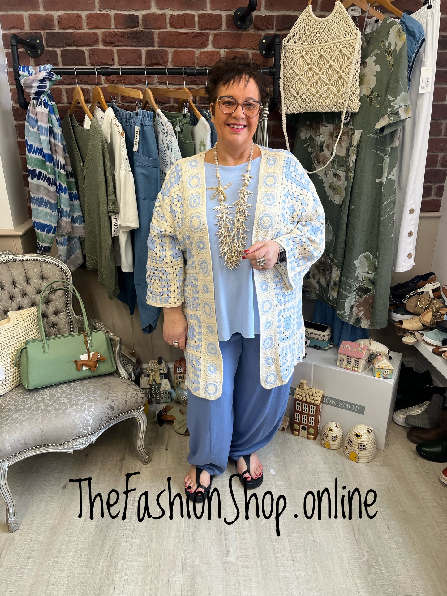 Emily light blue and cream patterned crochet cardigan 14-22