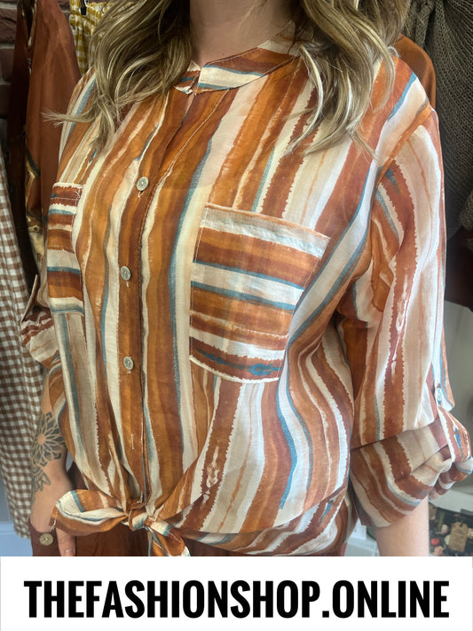 Payton tan striped high low blouse 10-18