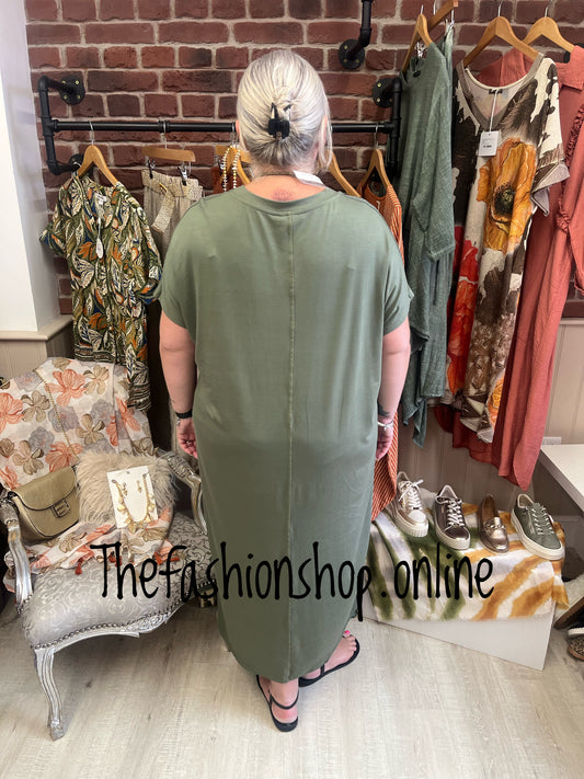 Khaki V neck dress up dress down dress with side split 16-26