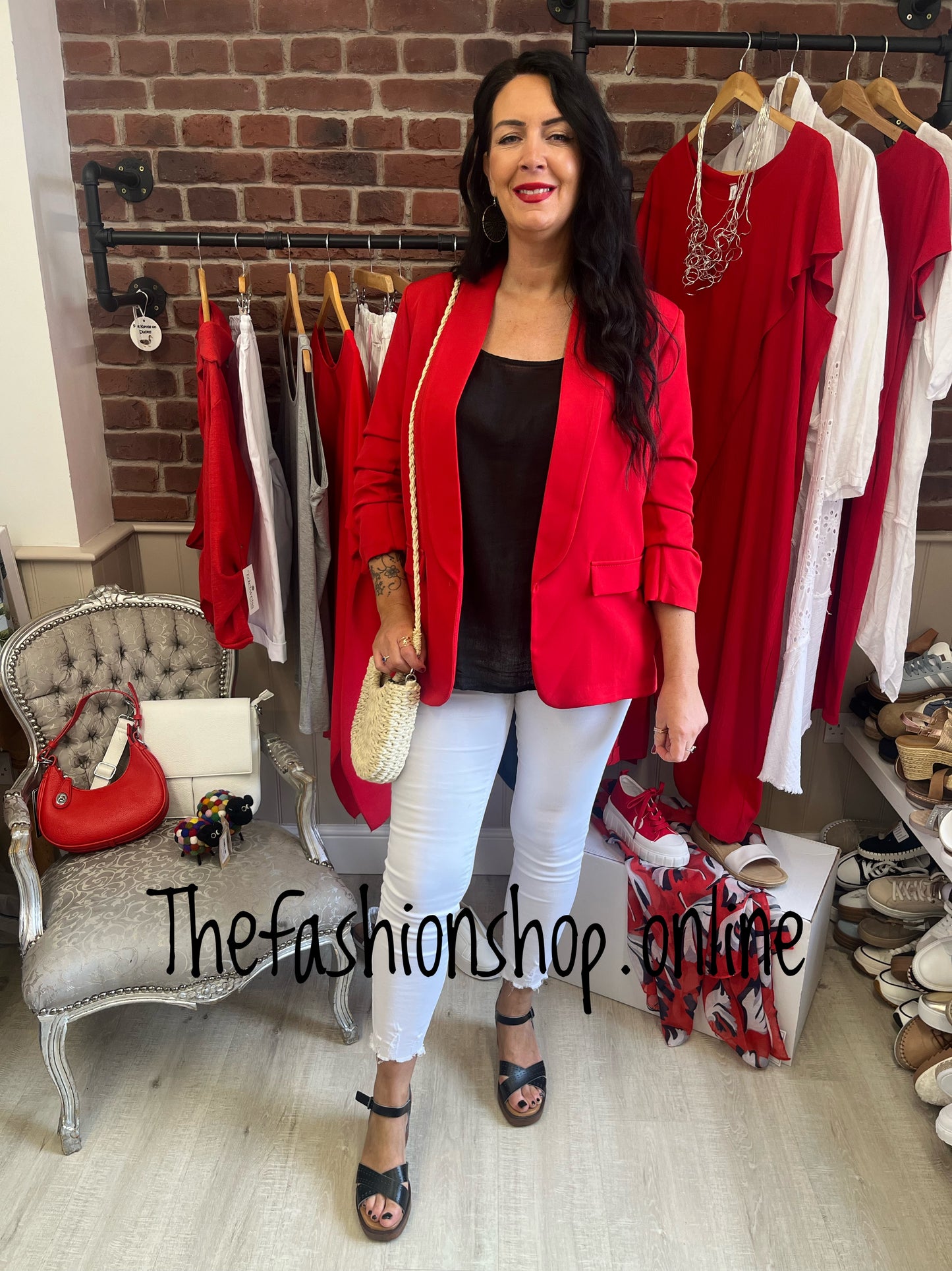Imogen red blazer with ruched sleeves 10-16