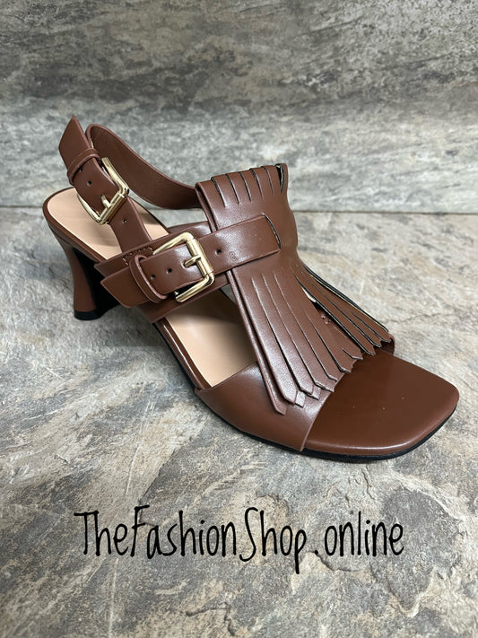 Clarissa brown heeled sandal with fringe sizes 3-8 (36-41)