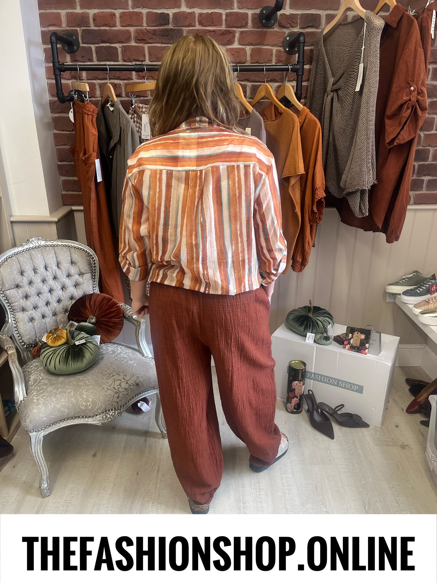 Payton tan striped high low blouse 10-18