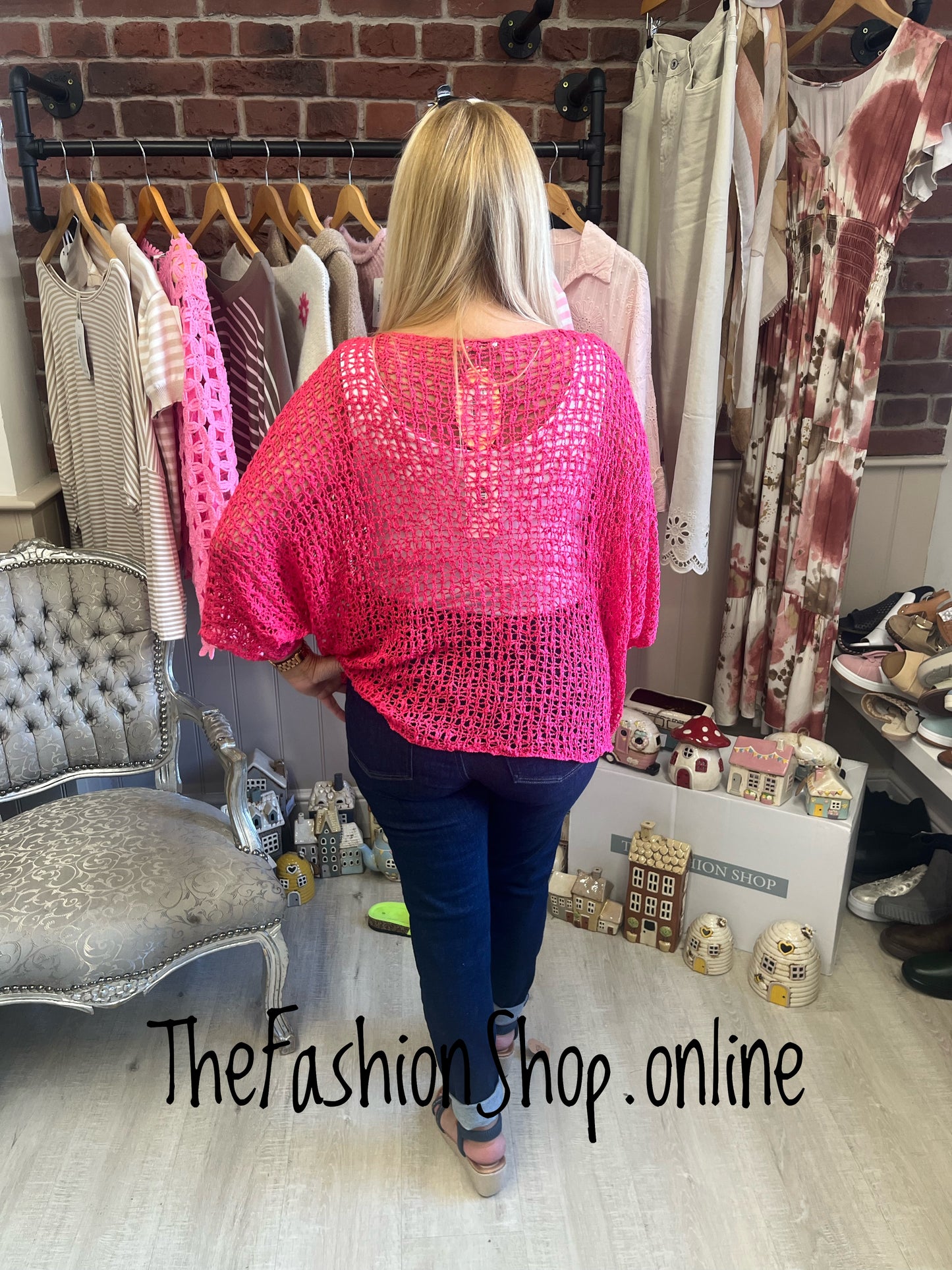 Hot Pink Popcorn Open Knit Top 10-20