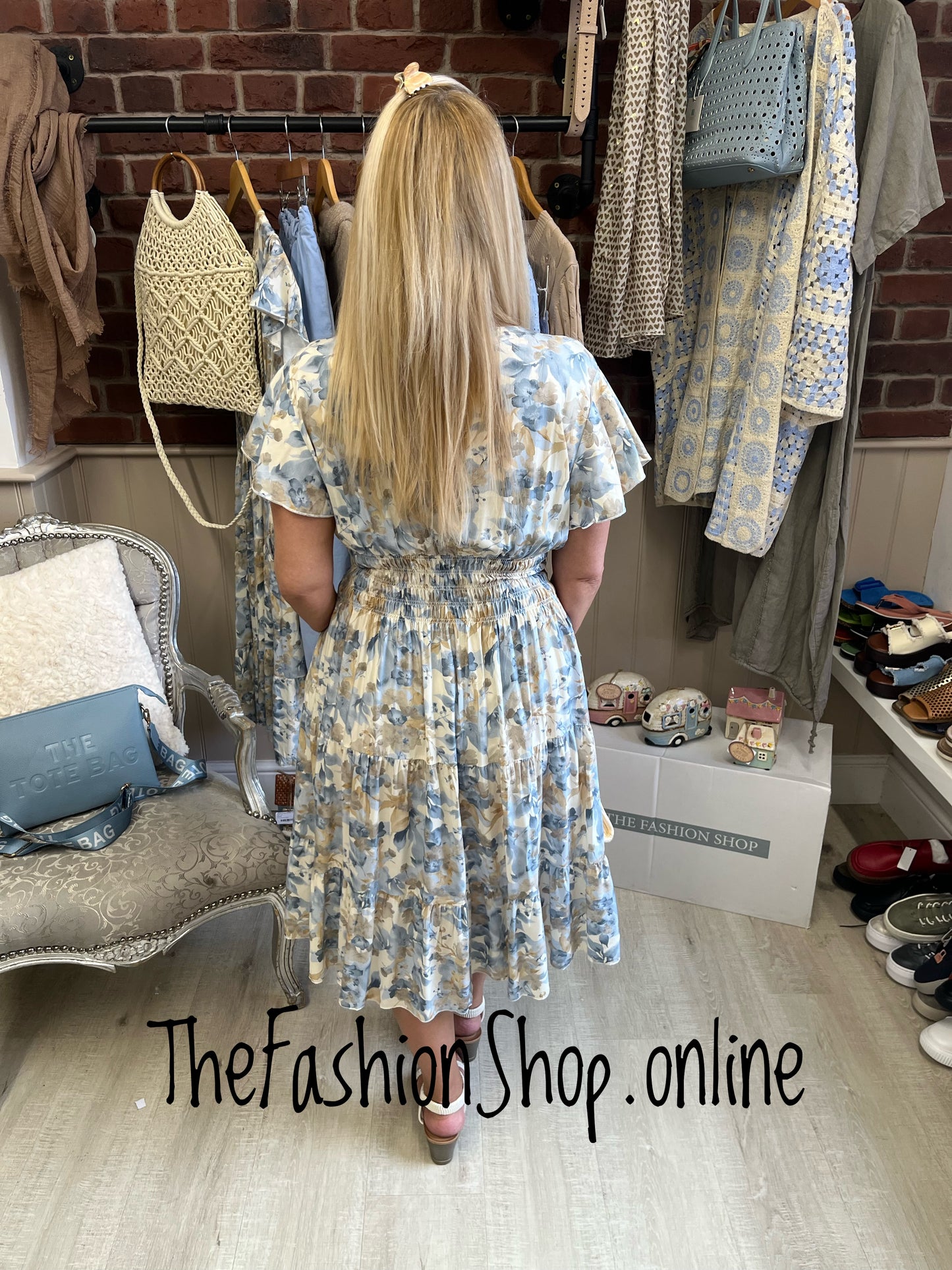 Harmony Denim Blue and Mocha Floral Midi V Neck Dress 10-18