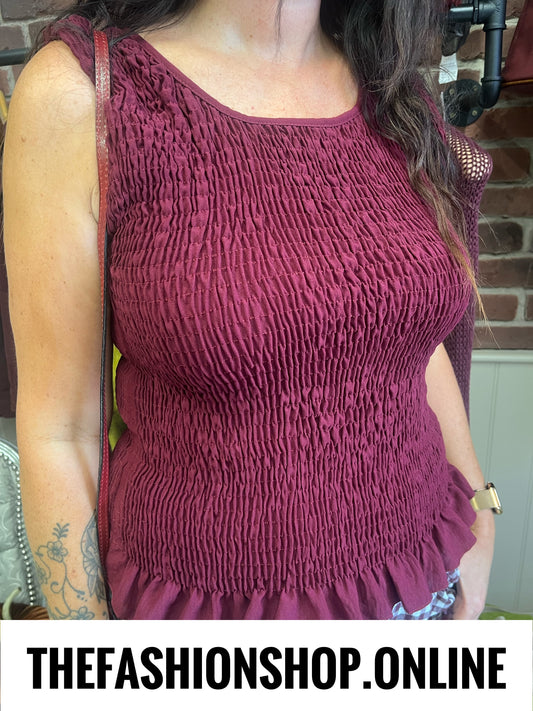 Sadie wine shirred frill top 12-18