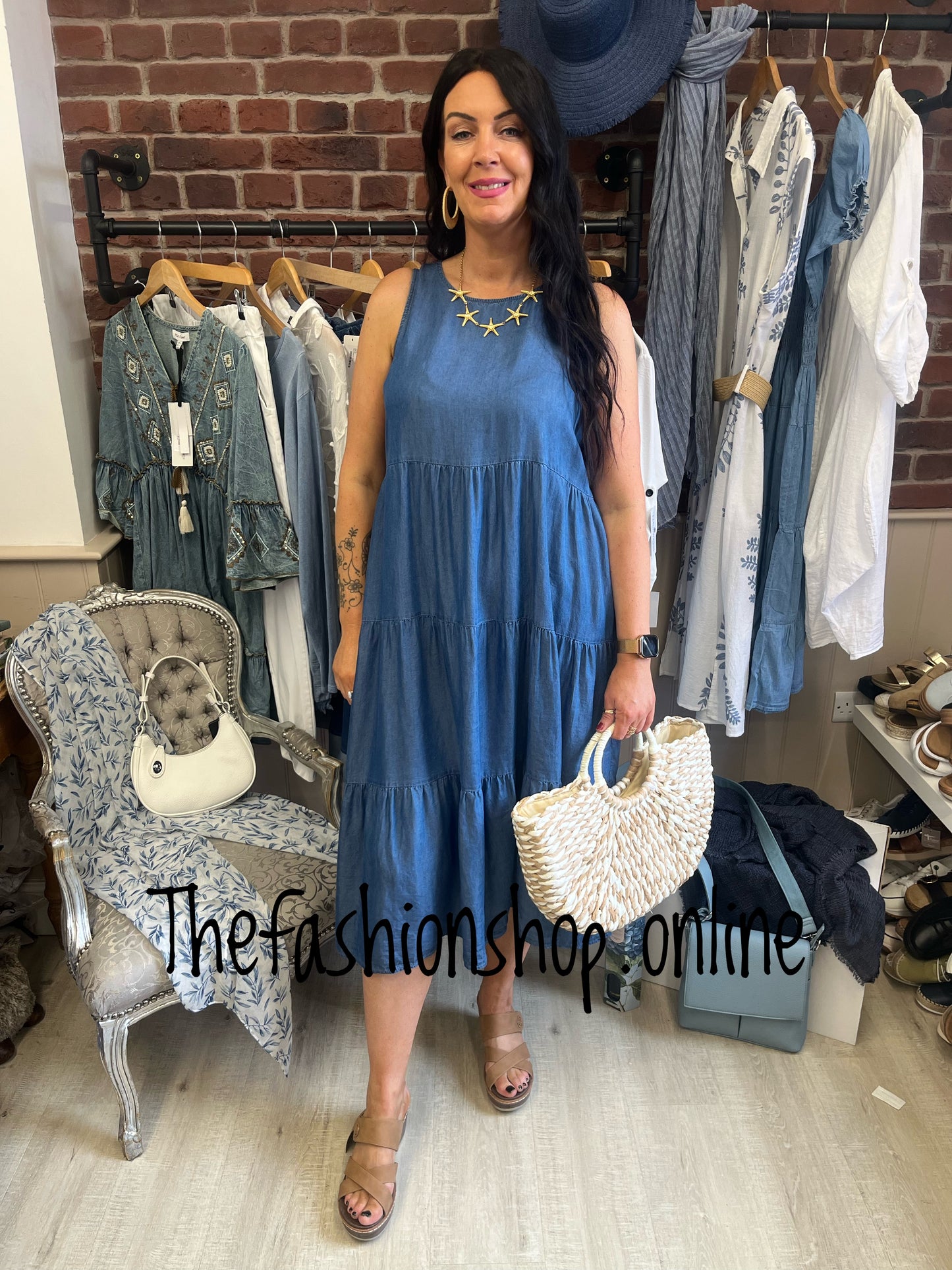 Fly out tiered denim dress 10-16