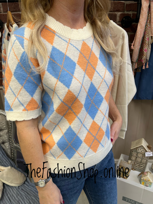 Orla peach, blue and cream argyle knitted top 8-14