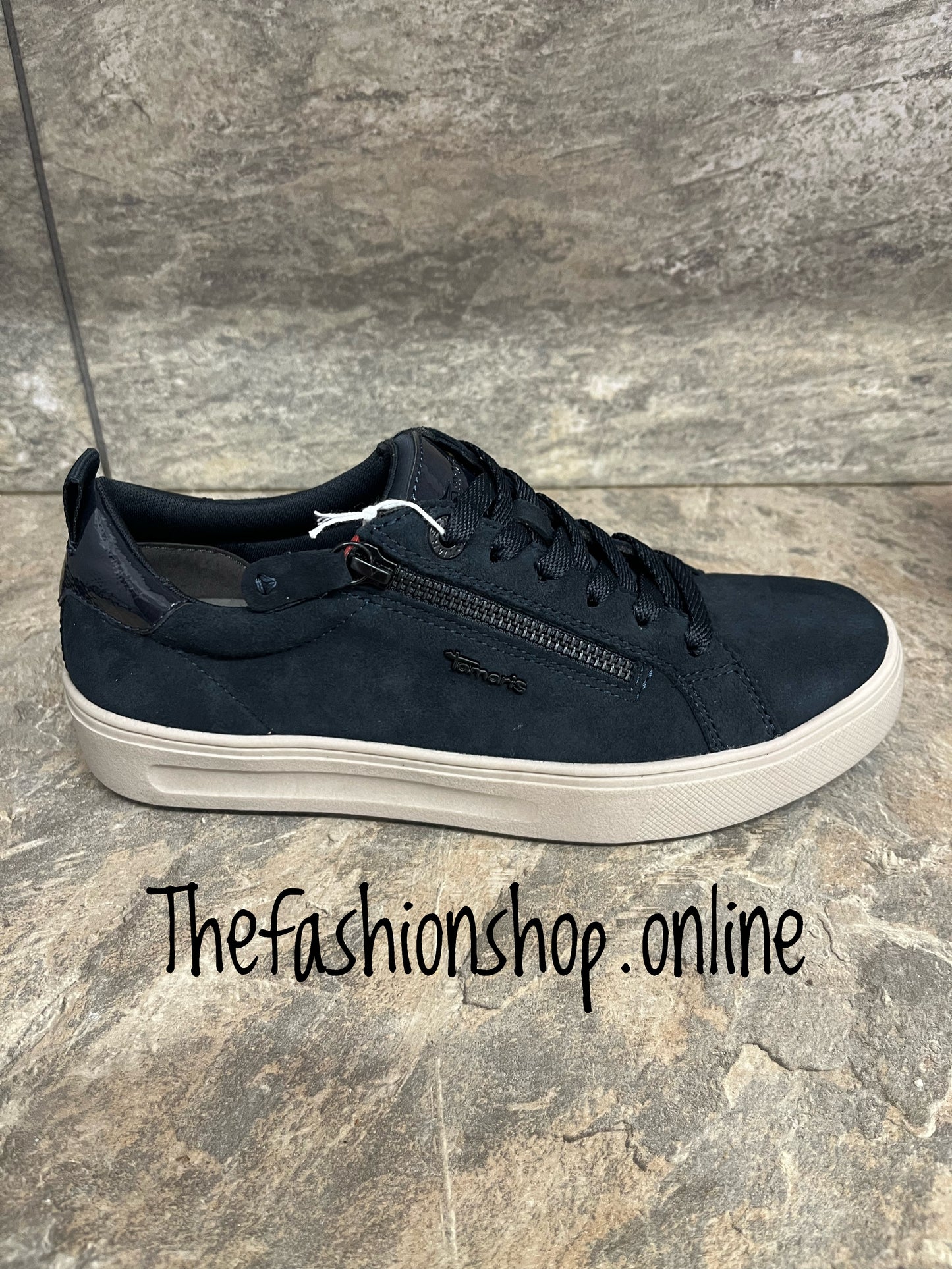Tamaris navy suede wide fit trainer with side zip sizes 4-9 (37-42)