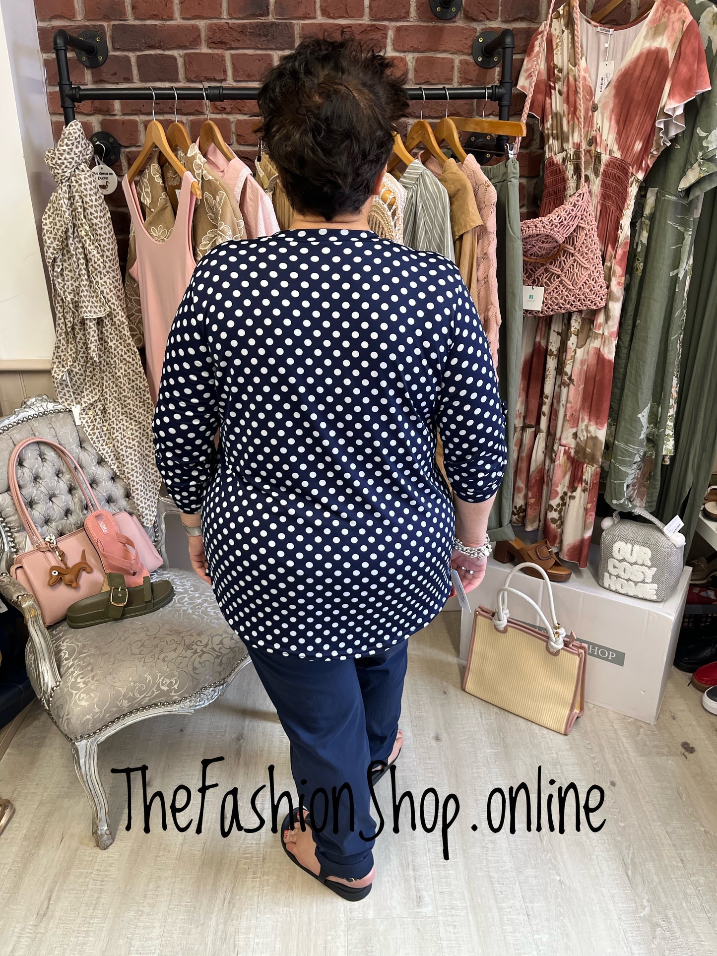 Jasmine Navy with White Polka Dot print blouse 14-22