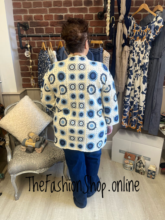Emily navy, light blue and cream circles crochet cardigan 14-22
