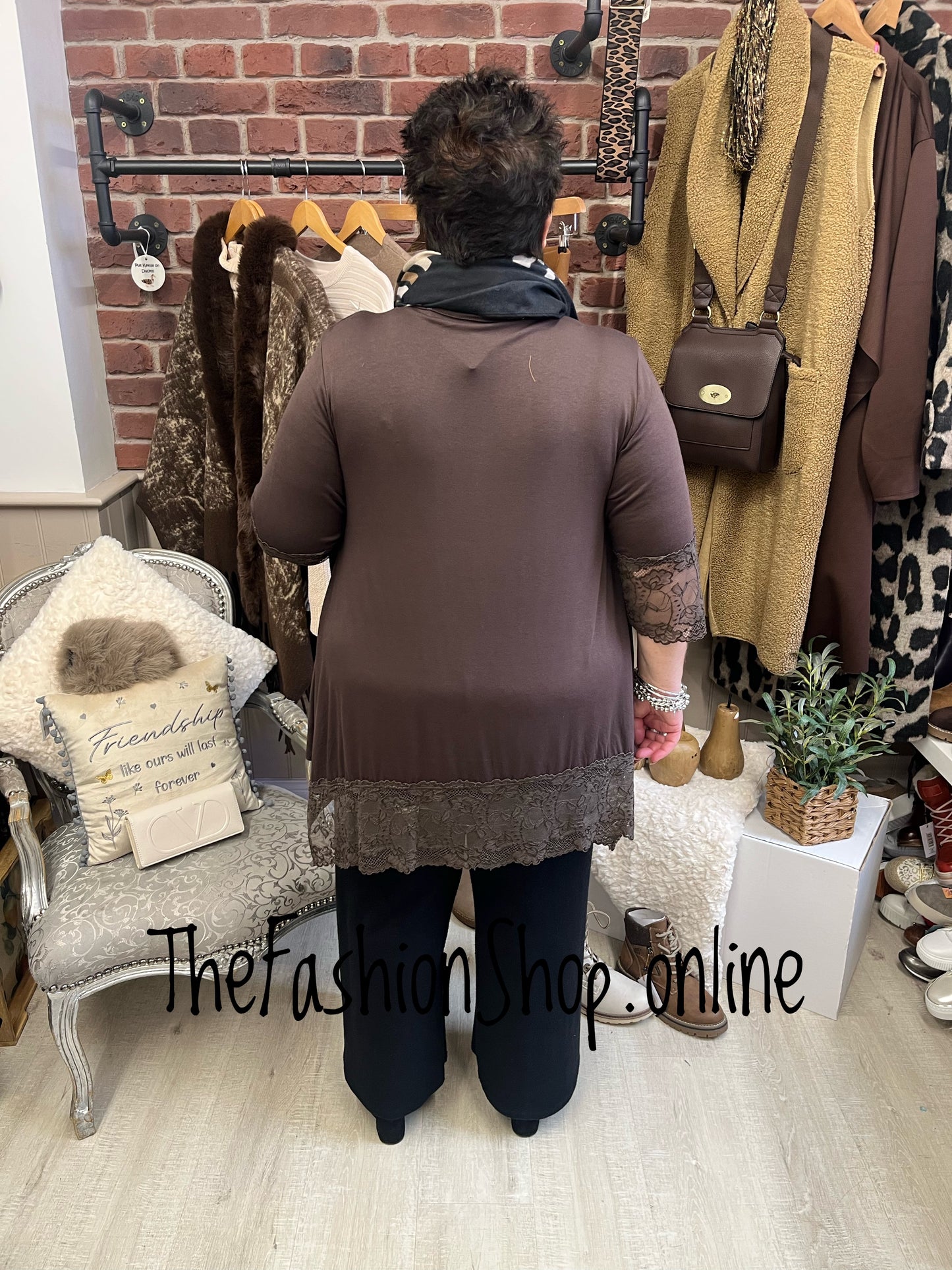 Sophie Chocolate Brown Lace Trim Tunic Top 16-24