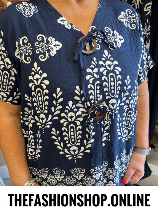 Harley navy damask print top 12-18