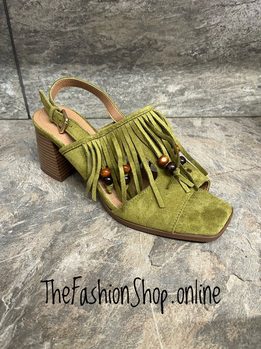 Luna olive block heel fringed sandals sizes 3-8 (36-41)