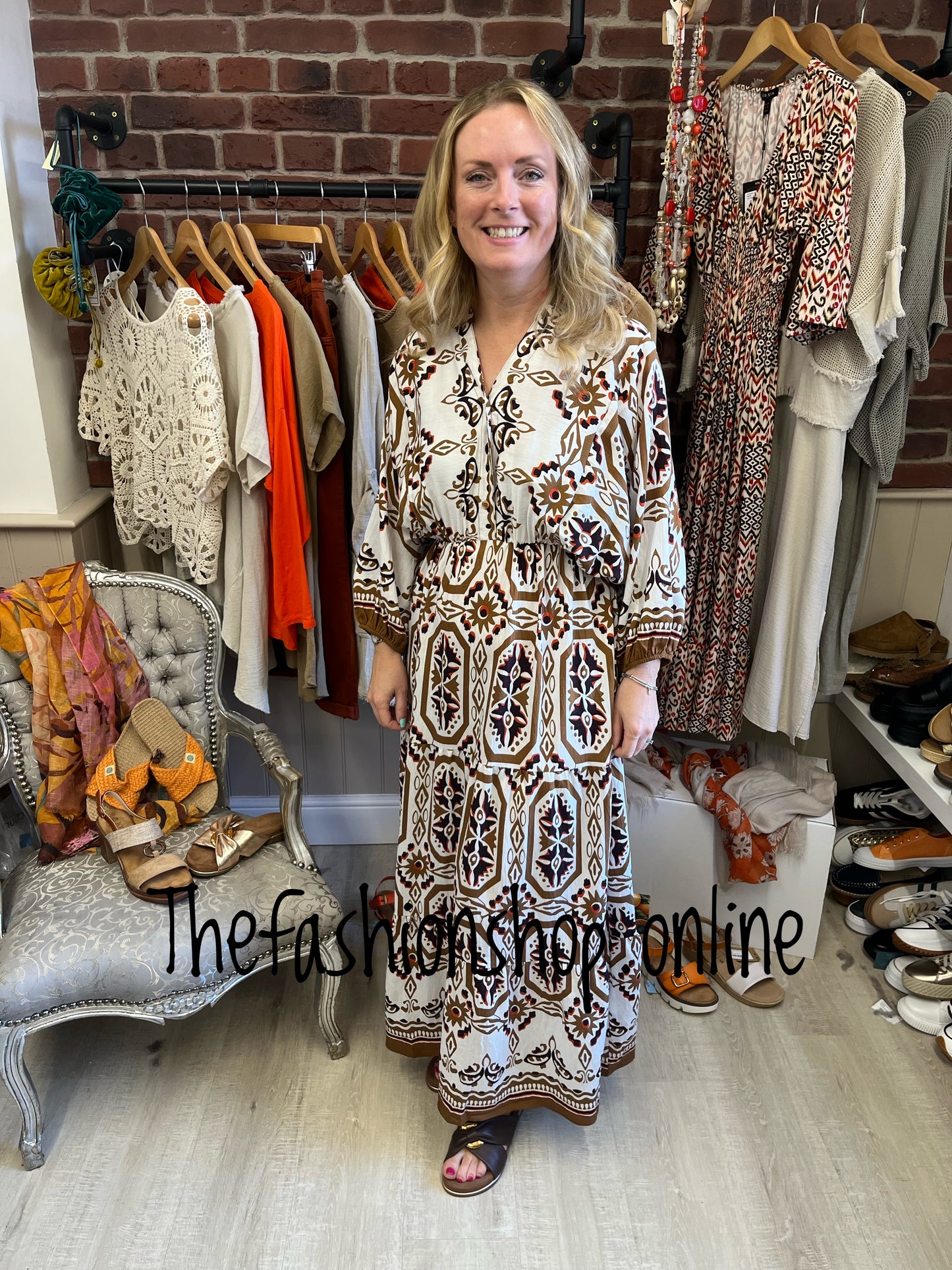 Wendy camel mosaic print smock maxi dress 8-14