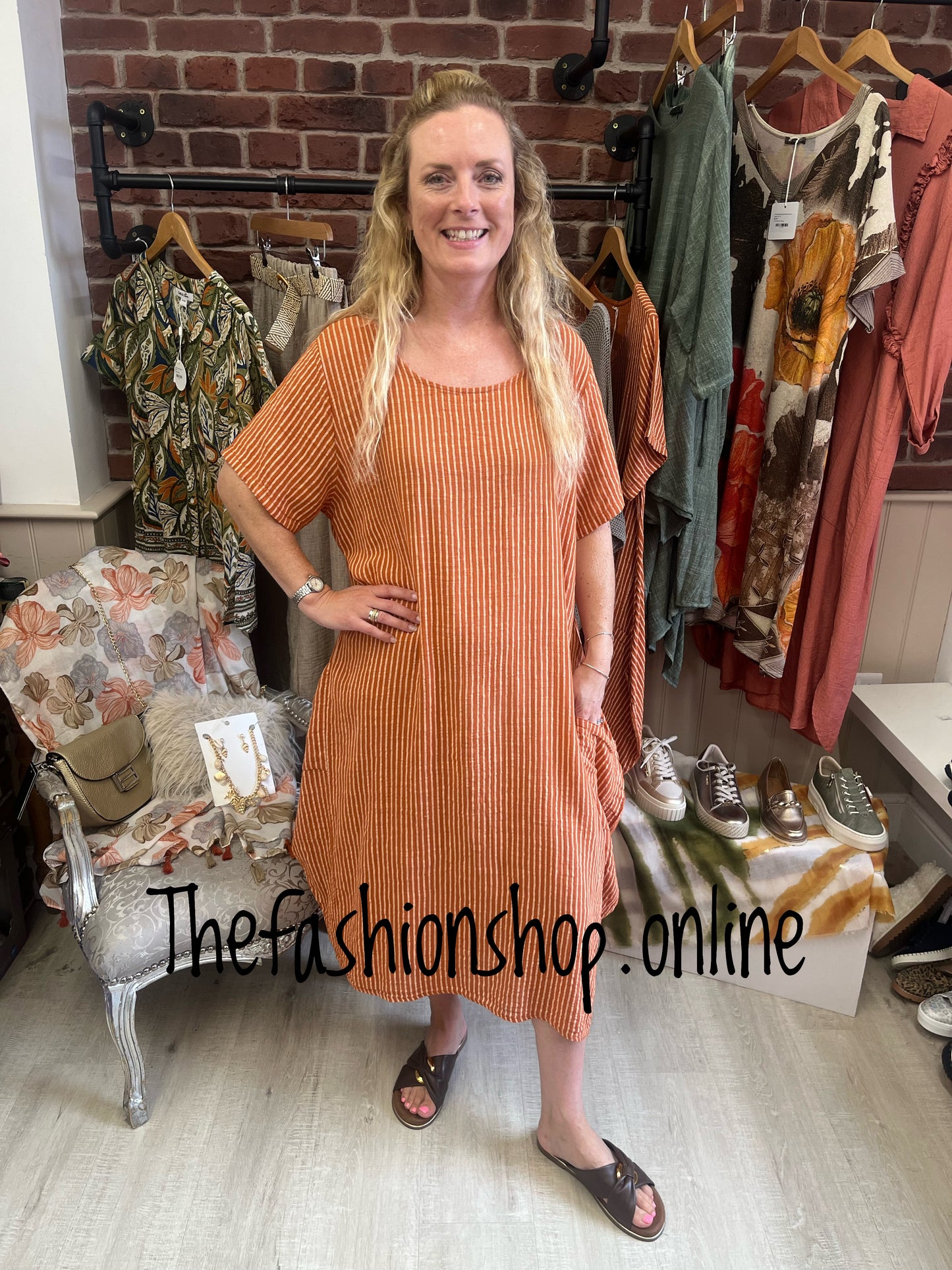Jenny terracotta stripe balloon dress 14-18