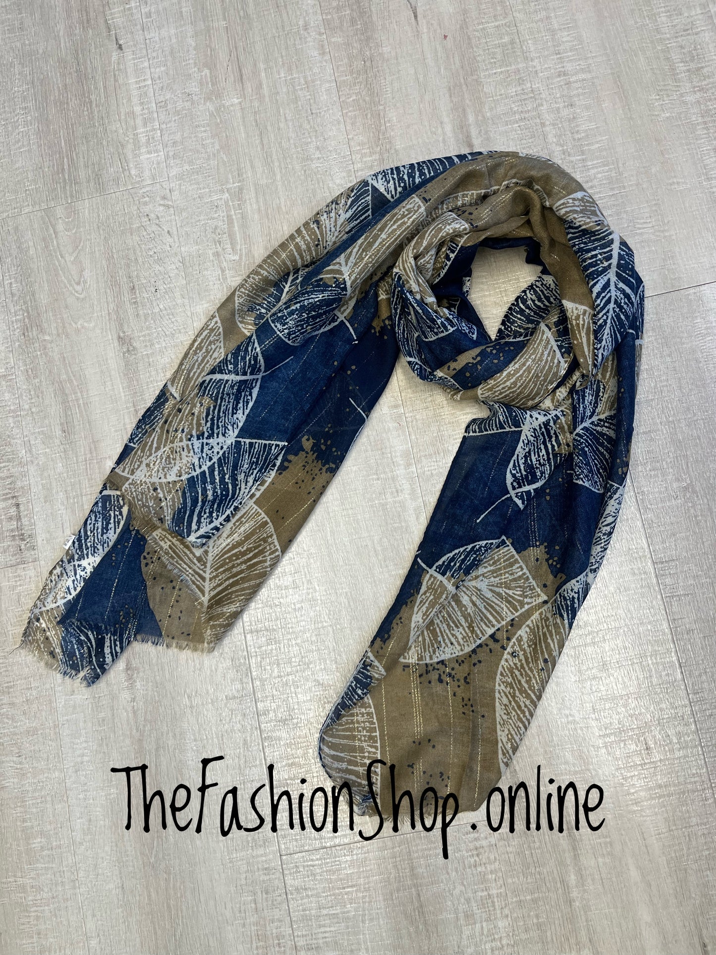 Navy and camel leaves lightweight scarf