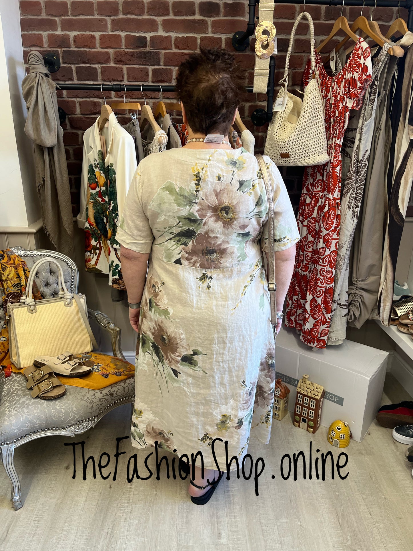 Lucille beige linen floral dress 12-18