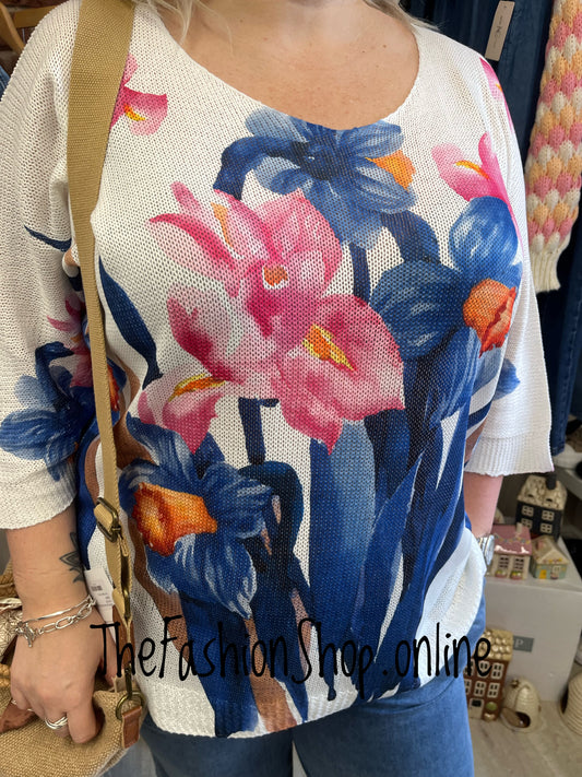 Ashley pink and blue floral knitted top 16-20