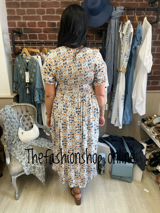 Beatrice mustard and blue floral vintage dress 8-16