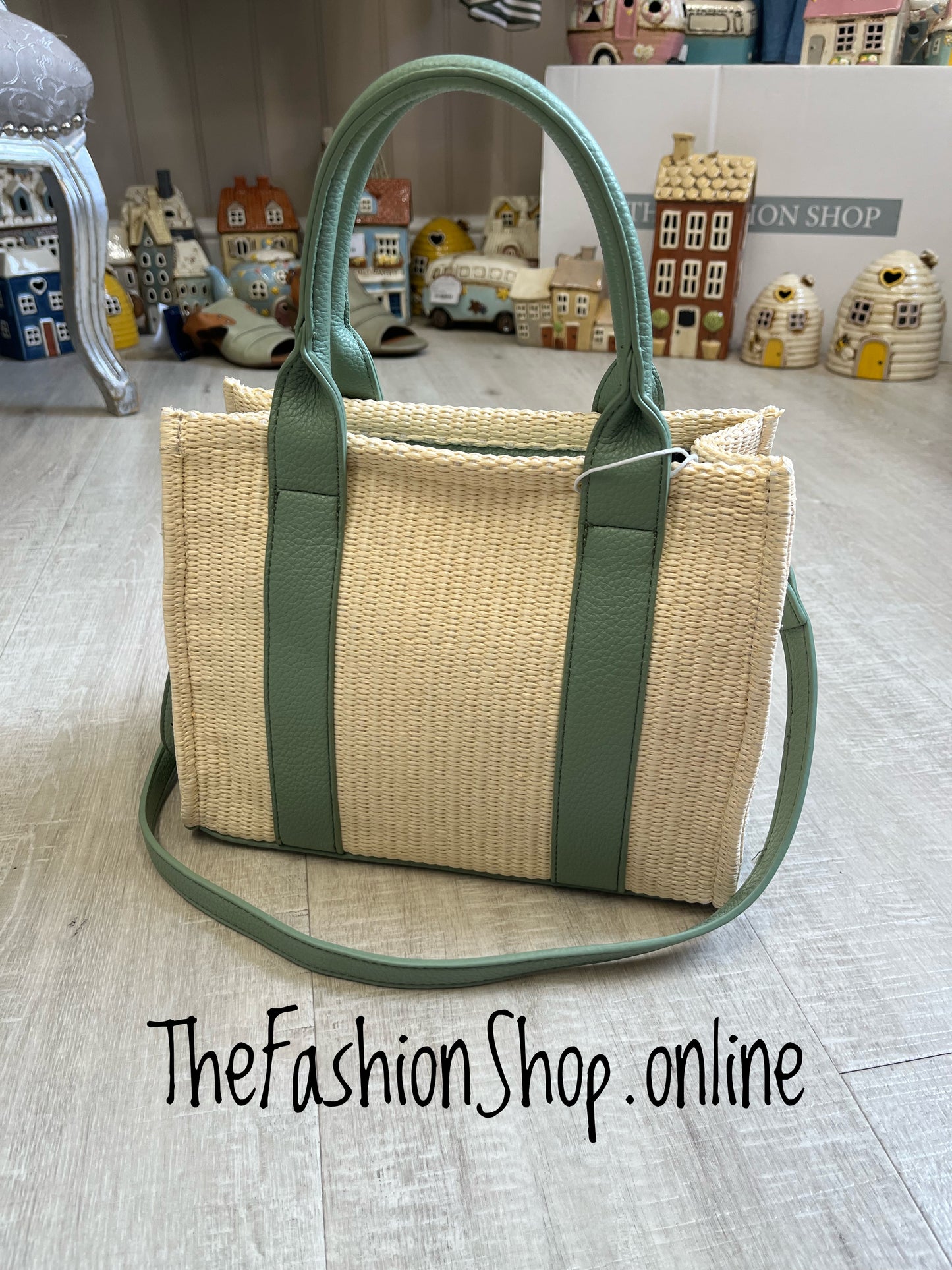 St Tropez small summer bag in cream with khaki