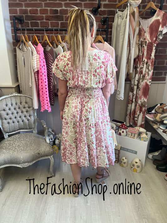 Harmony Pink and Green Floral Midi V Neck Dress 10-18