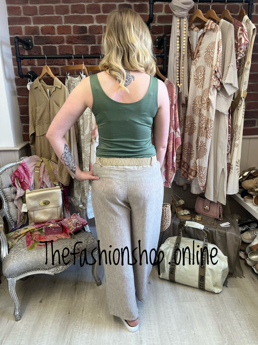 Anna beige linen mix floral trousers with belt 8-14