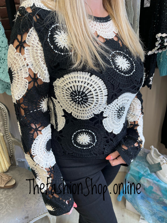 Lola black and cream embellished crochet top 8-14