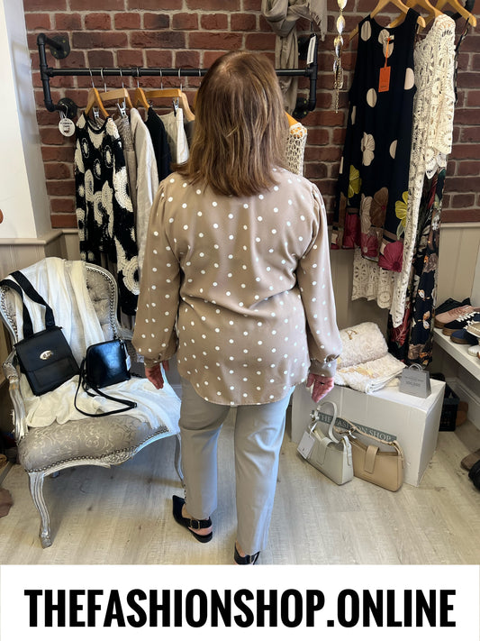 Natalie mocha and white spot tie neck blouse 10-14