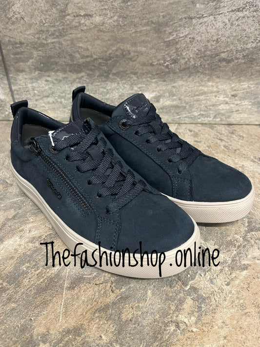 Tamaris navy suede wide fit trainer with side zip sizes 4-9 (37-42)