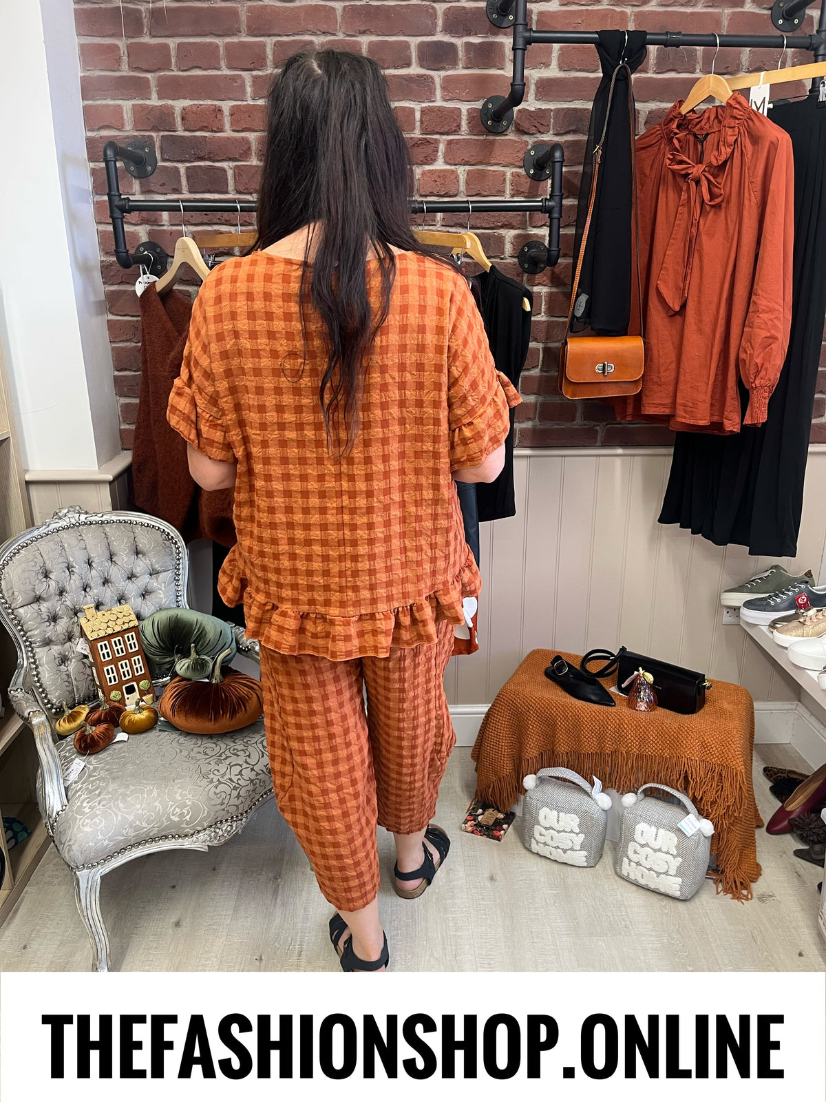 Vivian cinnamon gingham frill hem top 10-18
