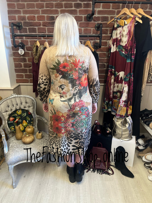 Frida and leopard print long sleeve shimmer dress 12-18