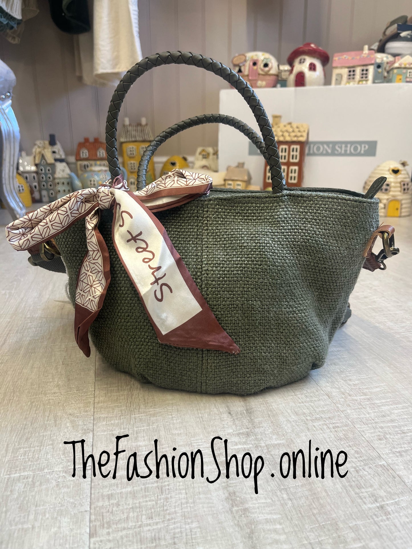 Lucy Khaki woven handle bag