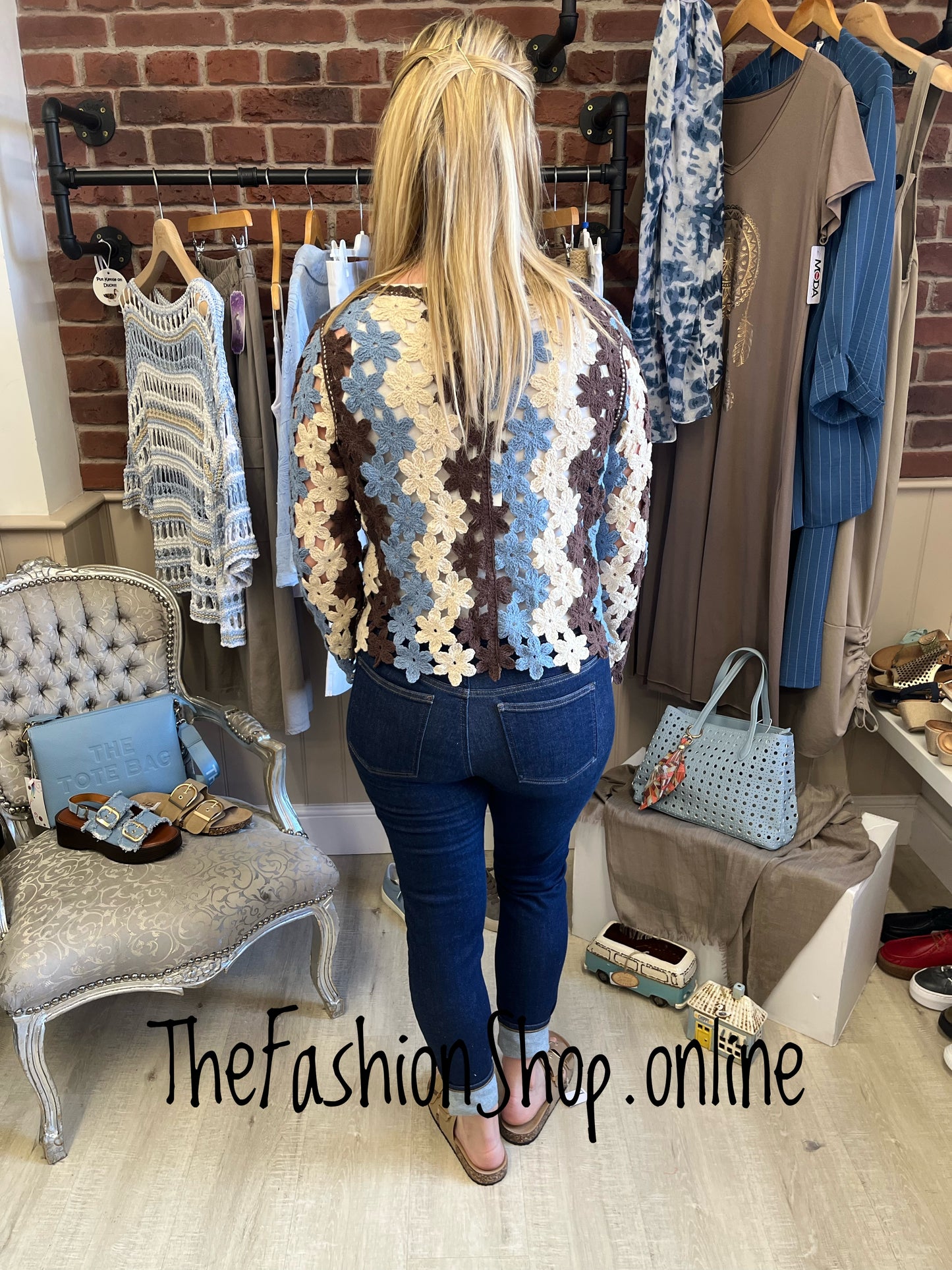 Liv brown, blue and cream crochet cardigan 8-10 and 12-14