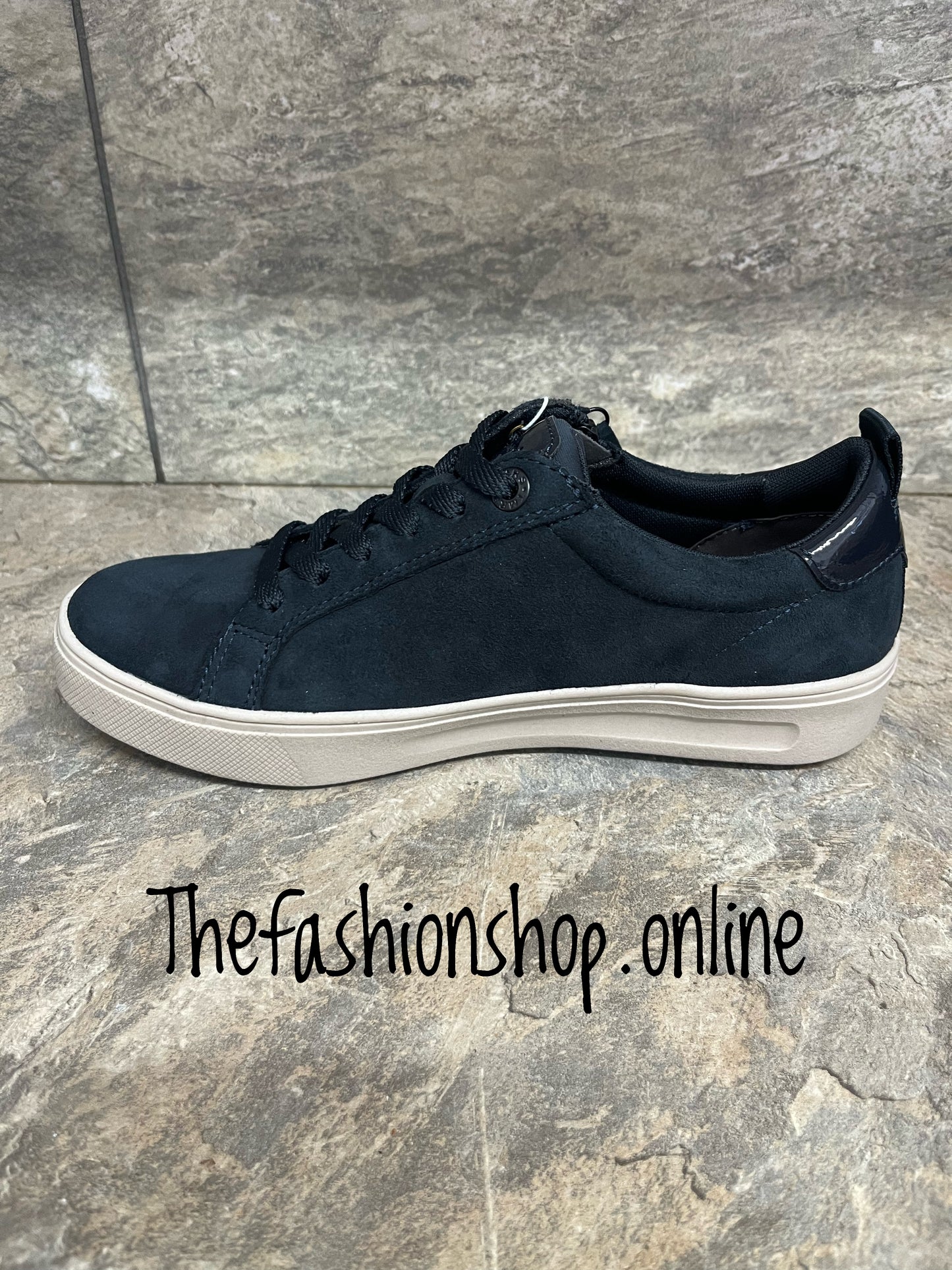 Tamaris navy suede wide fit trainer with side zip sizes 4-9 (37-42)