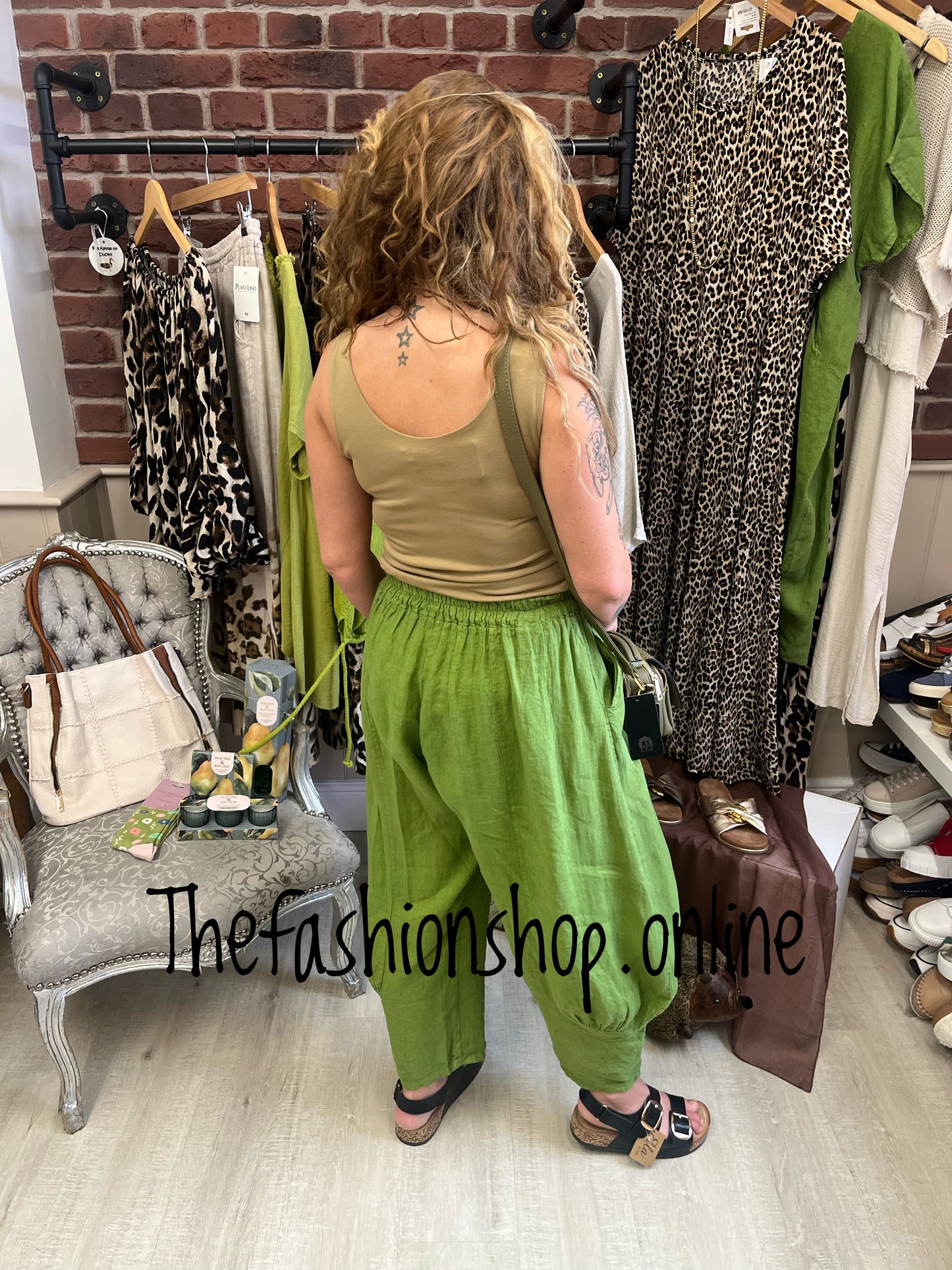 Kali olive funky linen trousers 10-18