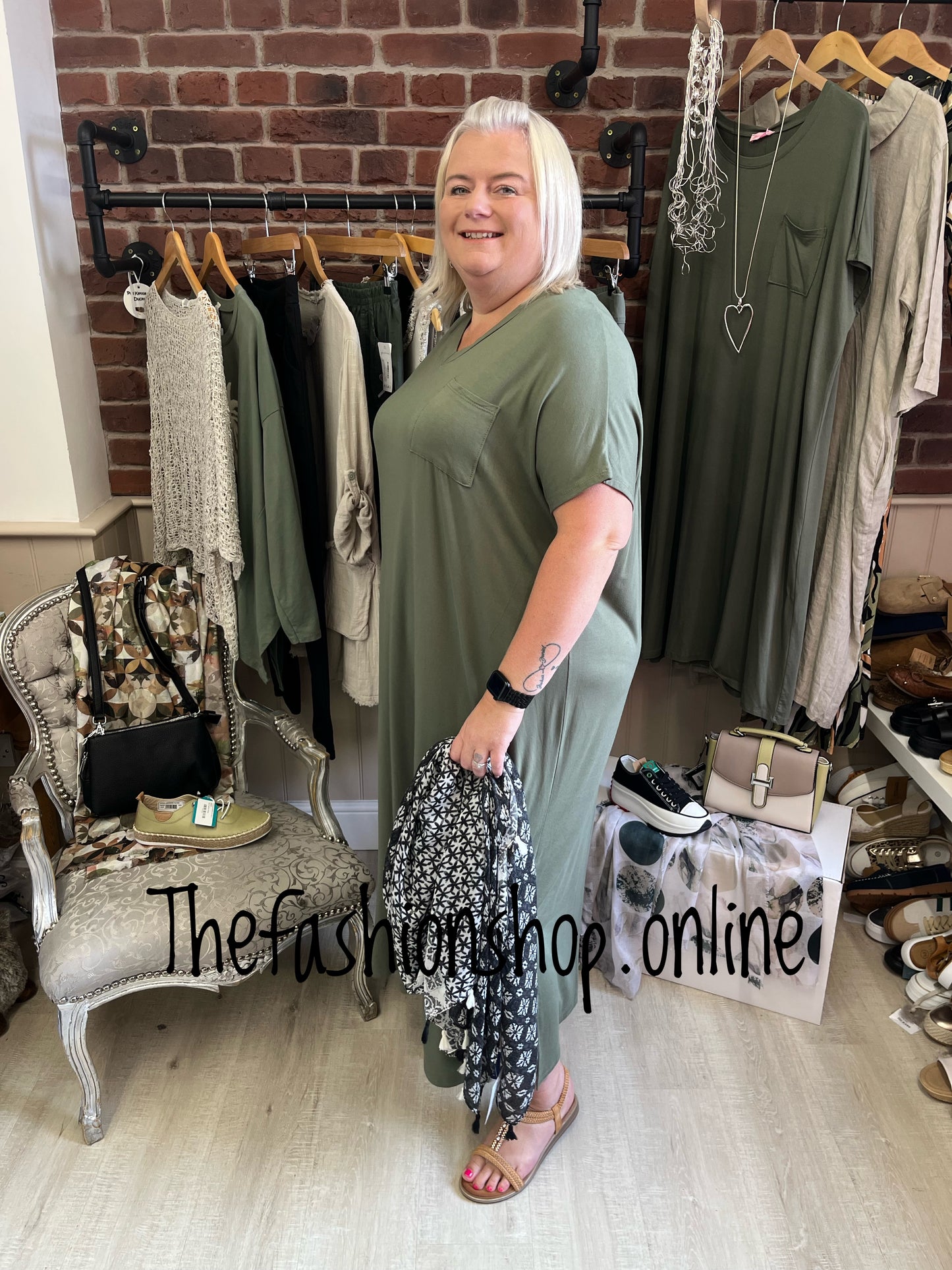 Khaki V neck dress up dress down dress with side split 16-26