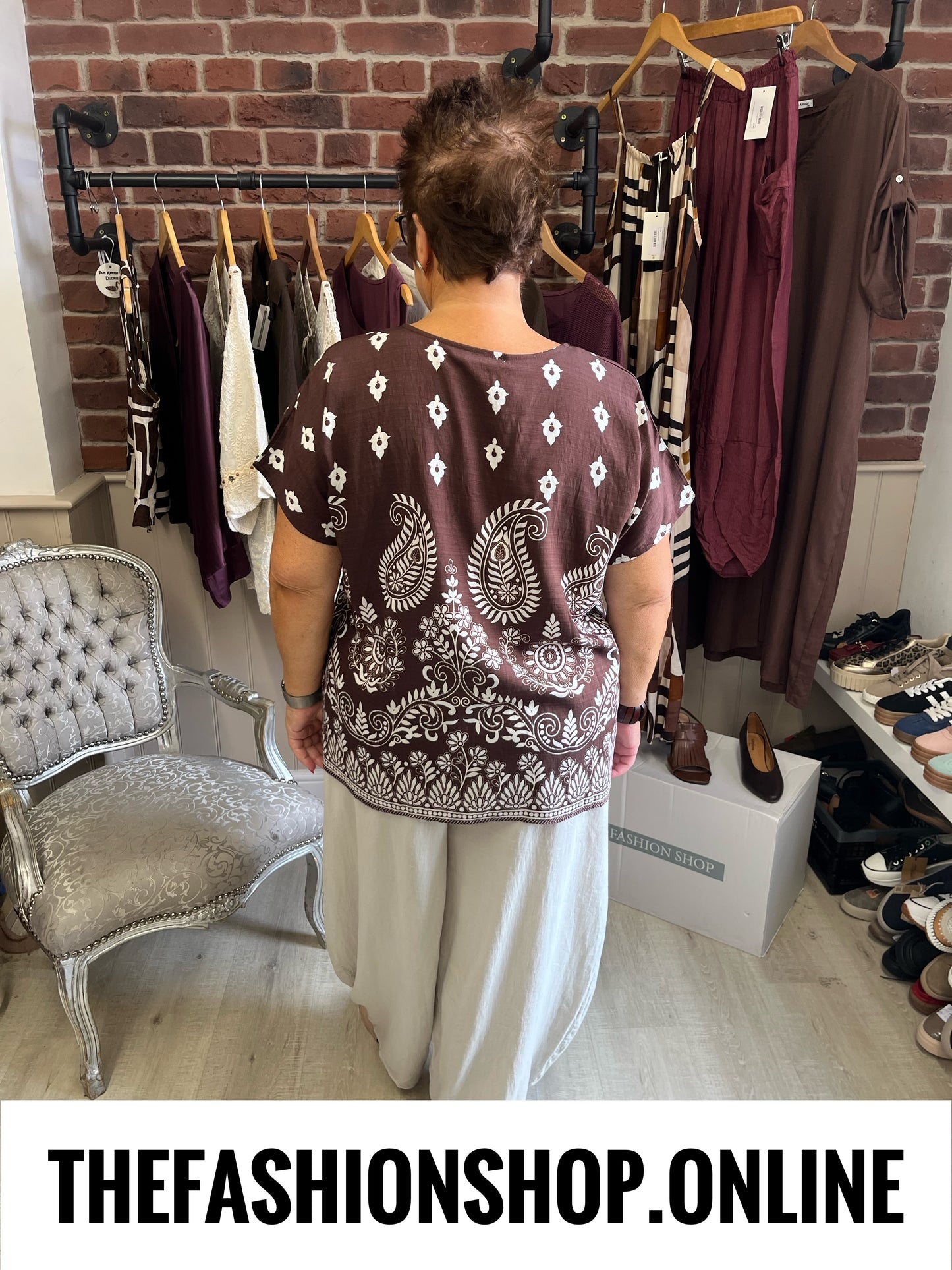 Anna brown paisley linen mix top 14-20