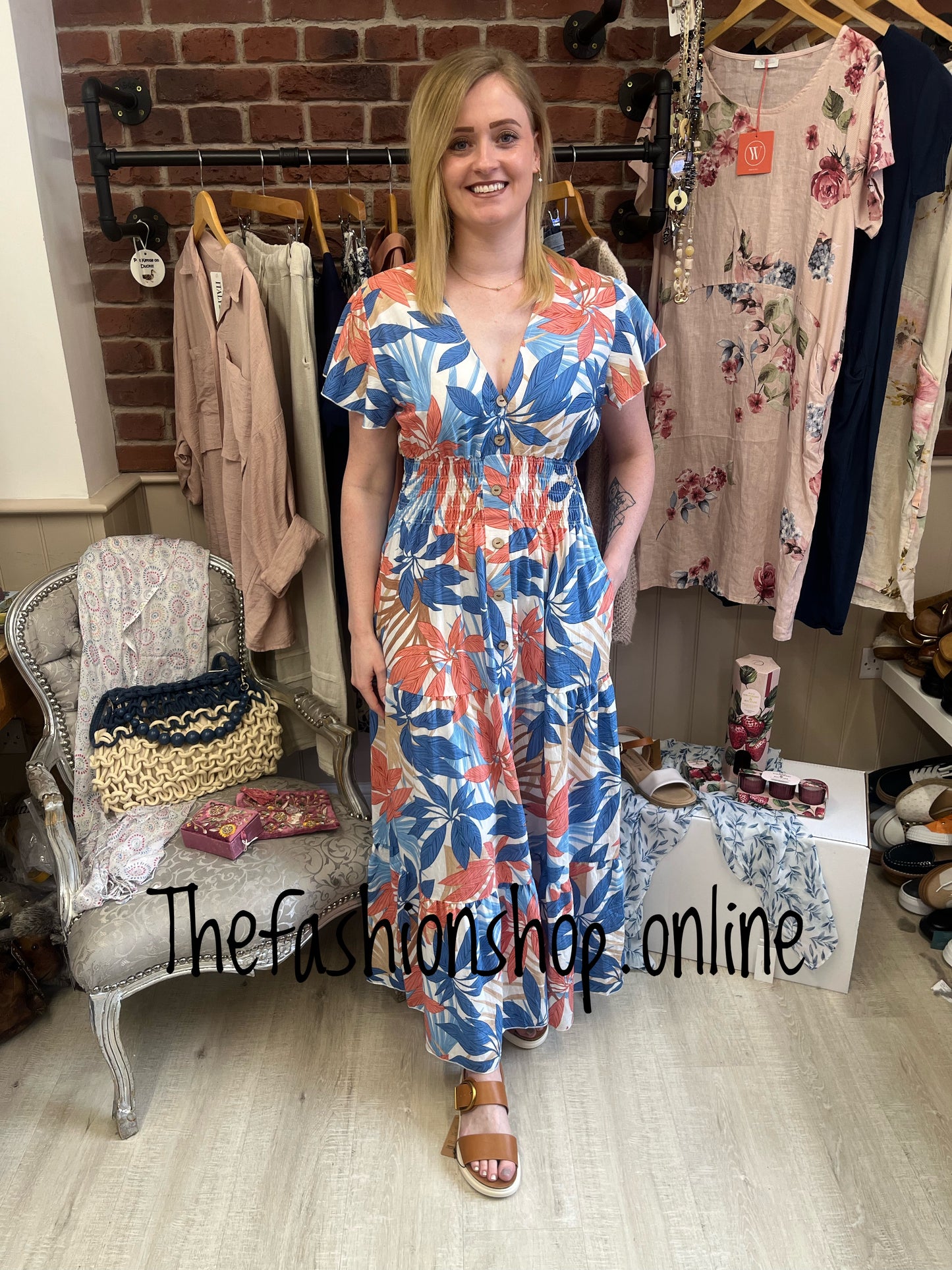 Harmony coral and blue floral summer dress 10-18