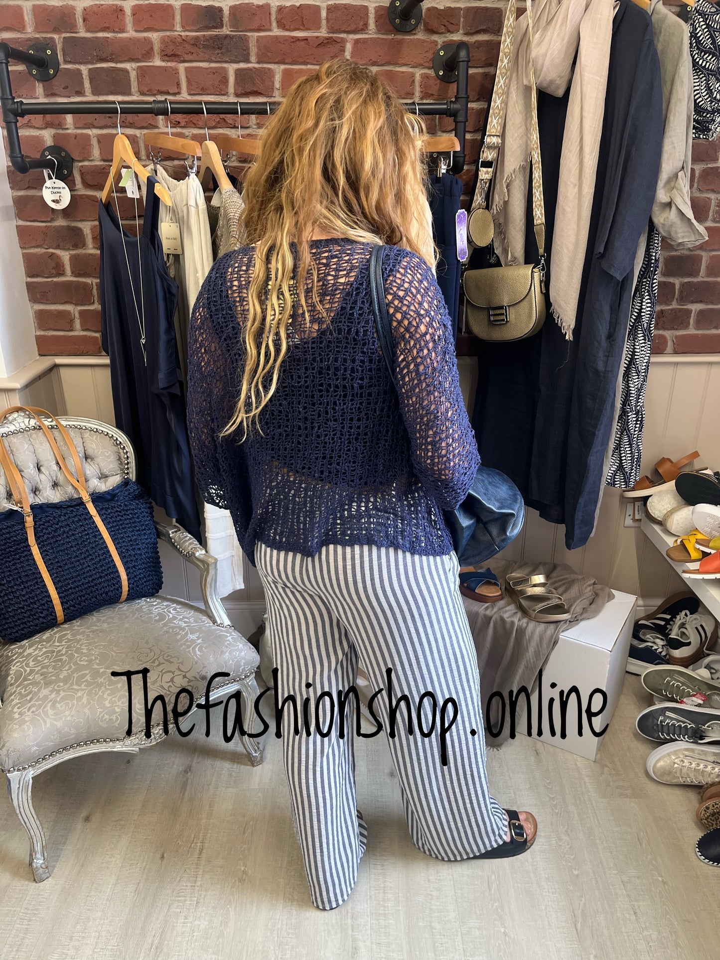Betsy blue and white striped trousers with belt 8-14