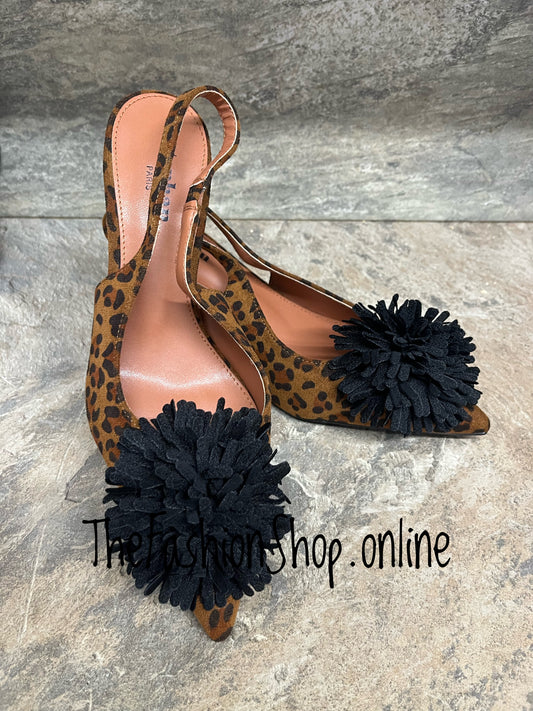 Molly leopard print sling back pompom shoes sizes 3-8 (36-41)
