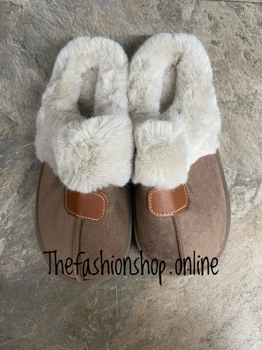 Brown faux fur trim slippers sizes 3-8 (36-41)