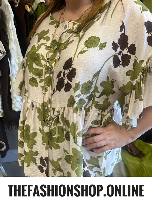 Erica olive and brown floral frill blouse 8-14
