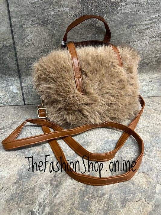Maisie small camel faux fur bag