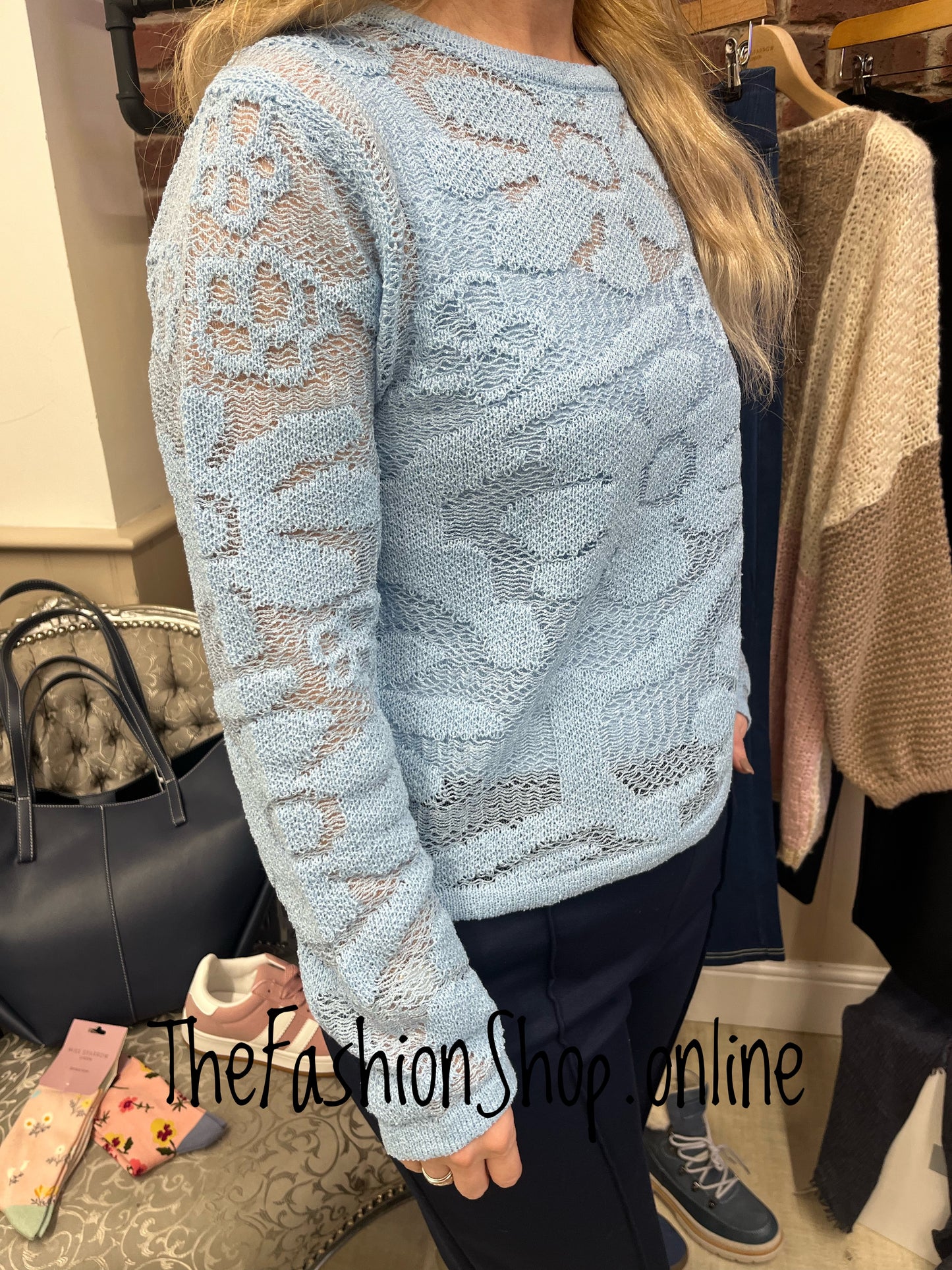 Heidi light blue linen mix lace jumper 8-14