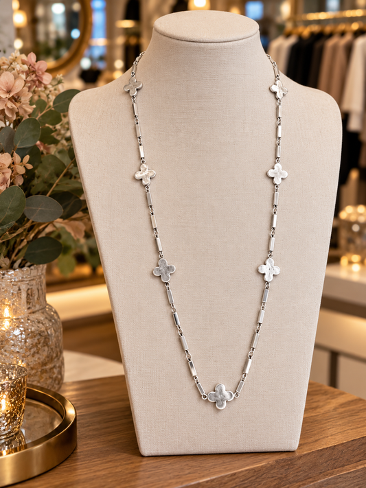 Envy long silver clover and bar necklace