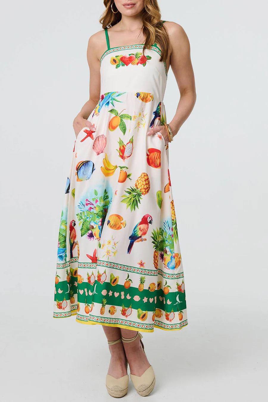 Stylish Stella Morgan tropical strap midi dress sizes 8-16 features vibrant prints, perfect for summer occasions.