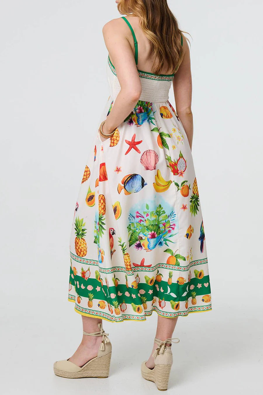 Stella Morgan tropical strap midi dress sizes 8-16 features a vibrant print, perfect for summer outings and occasions.