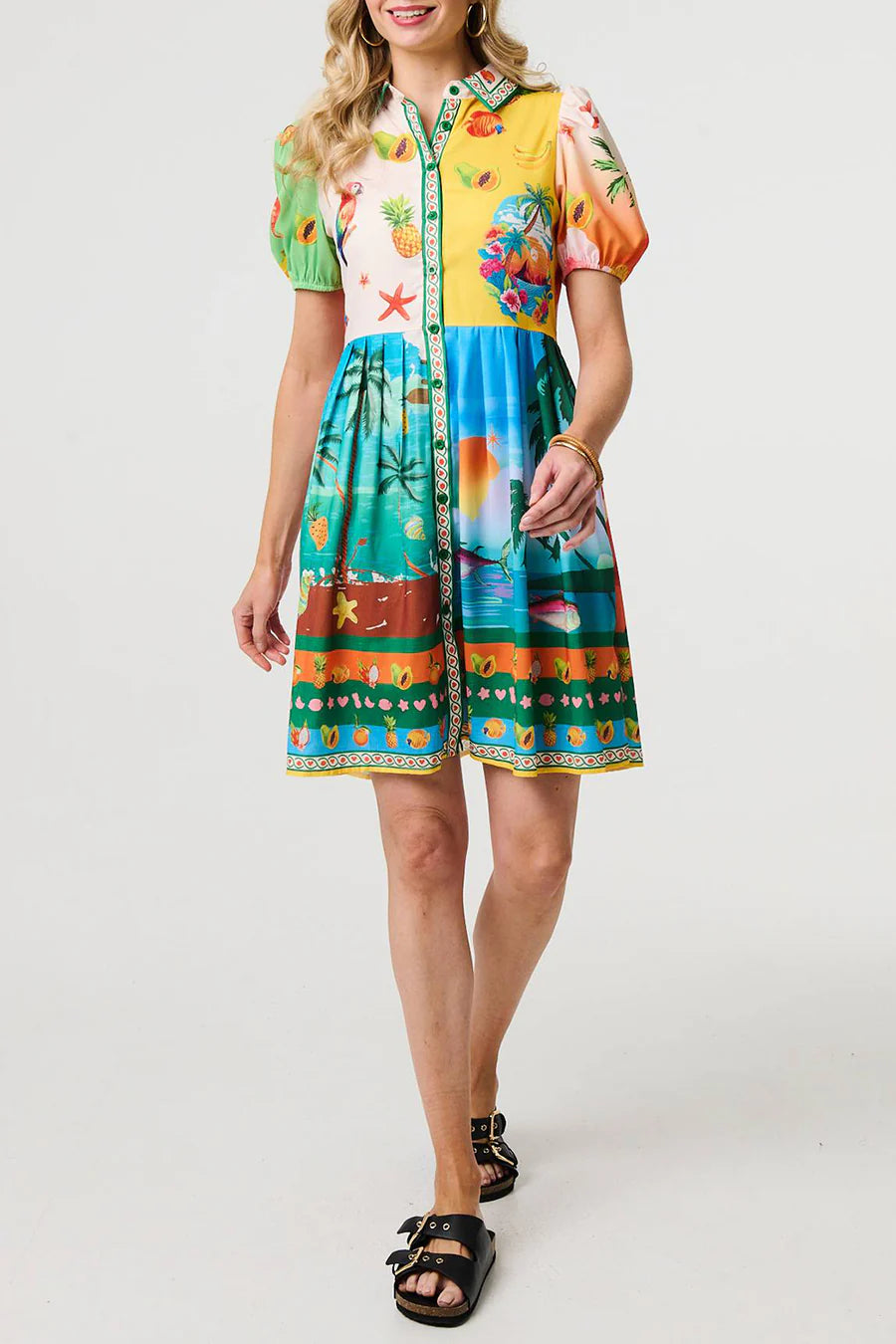 Bright and fun, the Stella Morgan tropical puff sleeve shirt dress sizes 8-16 features a vibrant design perfect for summer.