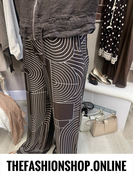 Deena brown geometric silk feel trousers 8-16