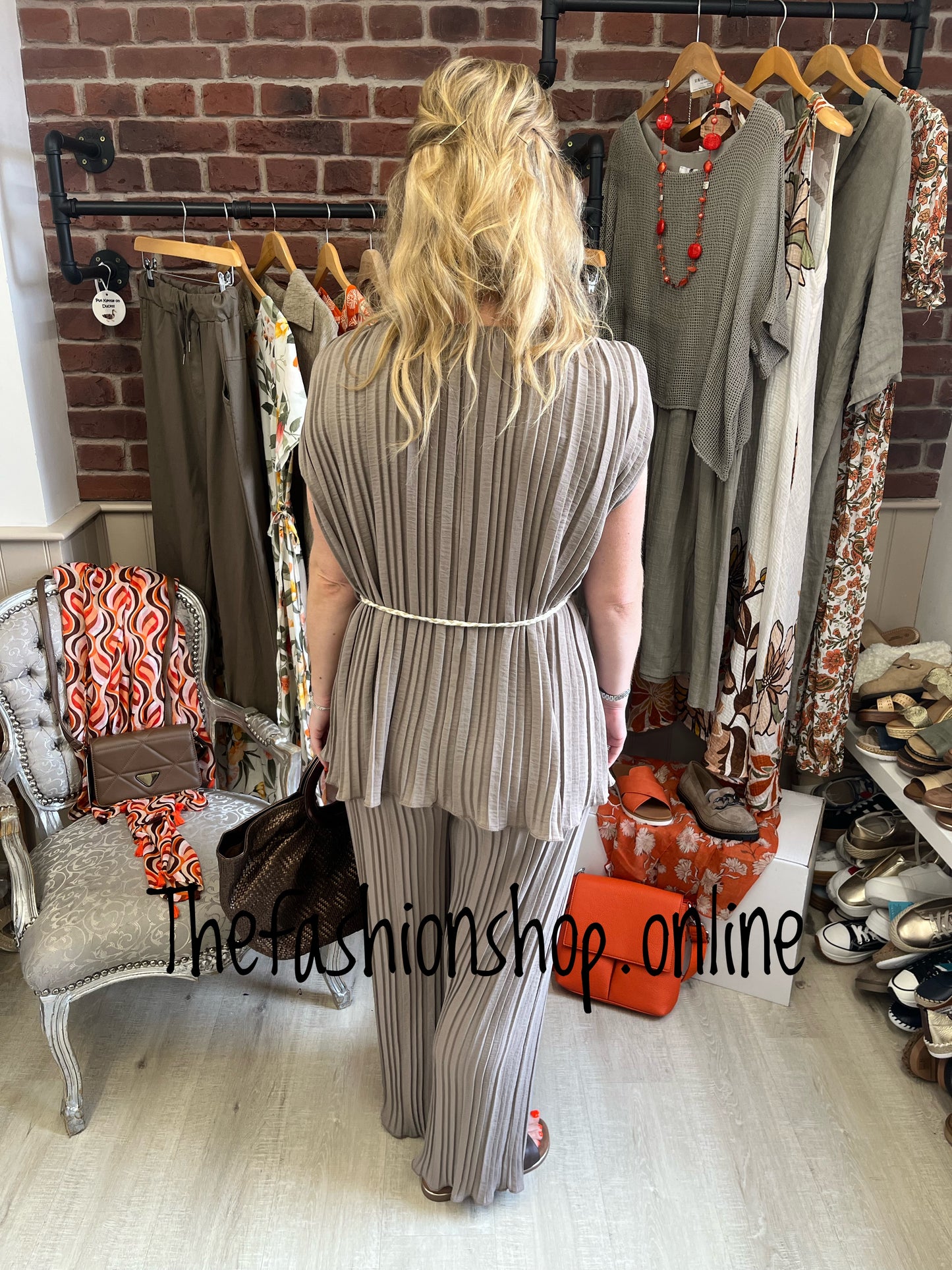 Hermione taupe pleated trouser set 10-18